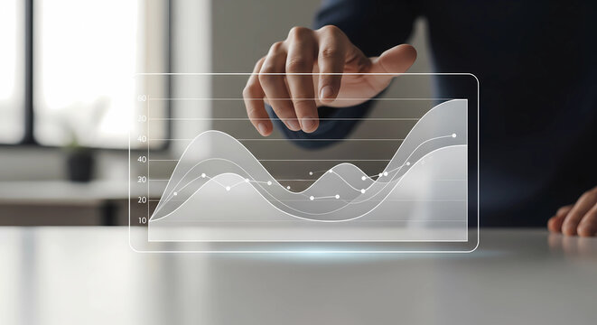 Dynamic financial graph analysis with a businessman's hand interacting with futuristic data visualization on a clean desk, showcasing growth potential.