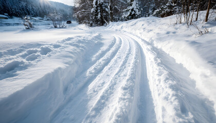Obraz premium Car tire track in deep snow, winter scene