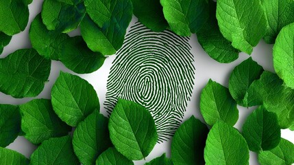 Green fingerprint surrounded by fresh leaves symbolizes eco-friendly impact on the environment