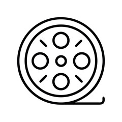 Simple line art icon of a vintage film reel with unspooling film strip