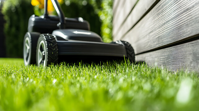 Eye-level lawn care, a sleek black lawnmower amidst vibrant green grass, adjacent to a weathered wooden fence, symbolizes home maintenance and outdoor upkeep. Freshly cut grass gleams in the sun.