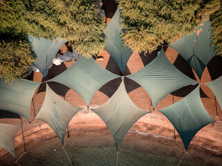
Aerial View of the Shaded Beach Area at Dolphin Reef, Eilat, Israel &ndash; Red Sea Coastline

