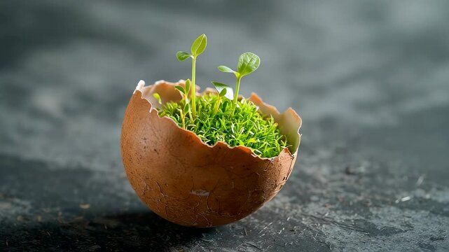 Green plant seedlings growing inside eggshell filled with moss on dark stone surface, eco gardening concept showing natural sustainability