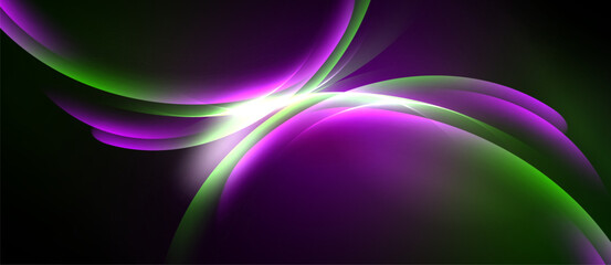Abstract shapes blend, creating vibrant purple, green hues. Light radiates from central intersection, forming dynamic composition.