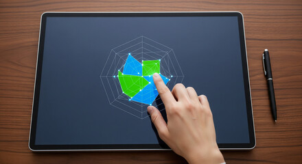 Hands interact with dynamic radar chart on tablet screen analyzing data for business growth and strategic planning insights