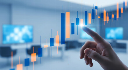 Confident hand interacts with dynamic financial stock market trading chart interface, visualizing growth and analysis for investment decisions.