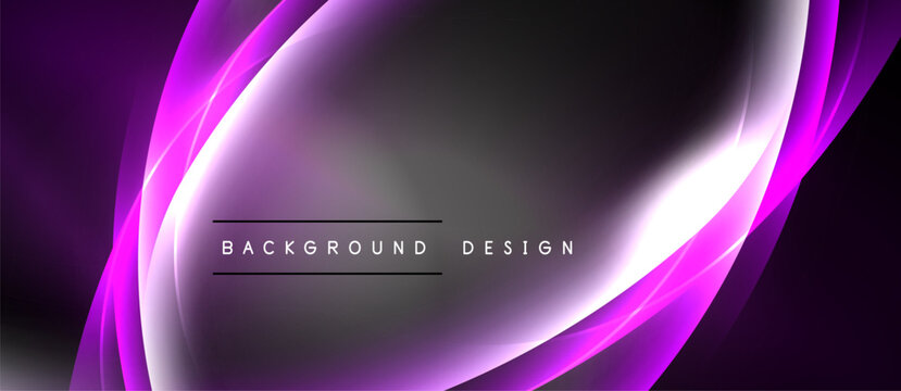 Abstract purple waves form elegant backdrop. Central text reads background design over dark gray area. Smooth gradients create dynamic visual effect.
