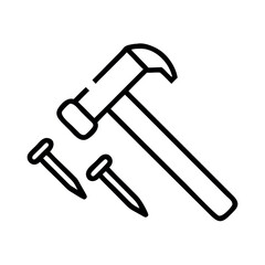 Simple line art illustration of a claw hammer and two nails on a white background