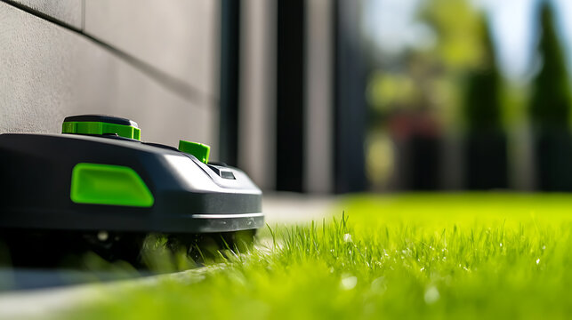 Autonomous lawn care in action! Robotic mower trimming the green grass. Smart technology makes yard work easy. The future of landscaping is here and efficient. - Powered by Adobe
