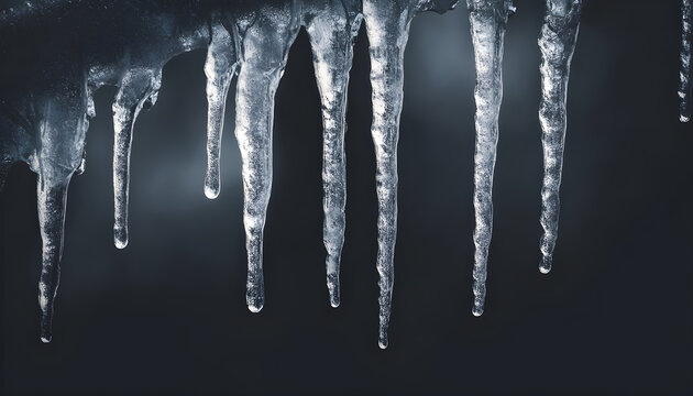 Lonely icicles set against a black backdrop, panoramic view