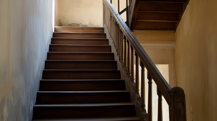 Obraz premium Ascend an old, dark wooden staircase bathed in natural light. The scene evokes timeless elegance and invites exploration. Capture the mood of the stairs and the climb.