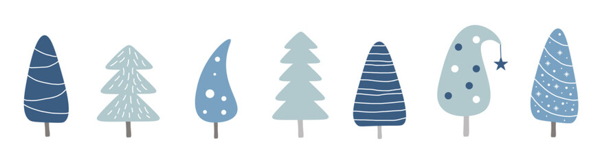 Set of seven trees isolated on  white background. For winter illustrations. Decoration for postcards, posters, business cards and invitations. Flat vector illustration. Gray and blue tree.