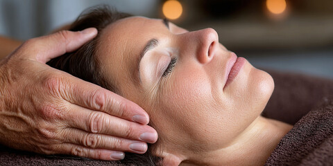 Relaxing therapeutic head massage session for client at the beauty salon in the evening