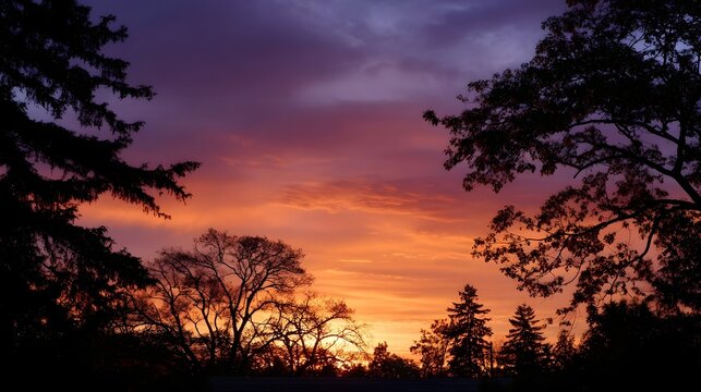 A vibrant sunset paints the sky with hues of orange and purple with the silhouettes of trees framing the scene