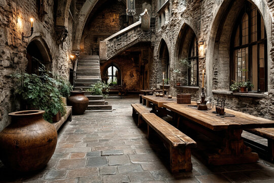 Exquisite medieval dining hall with grand architecture featuring rustic wooden furniture - Powered by Adobe
