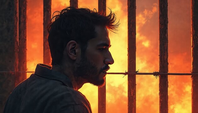 Bearded man imprisoned behind rusty bars with barbed wire. Sad male convict looks at fiery apocalyptic sky from jail cell. Desperate captive prisoner feels despair confinement hopelessness, injustice