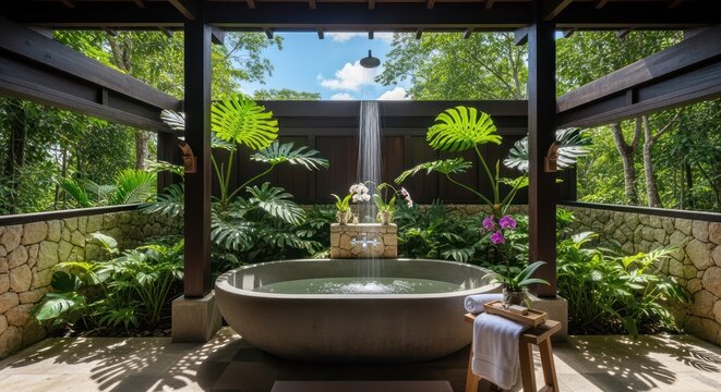 Luxurious outdoor jungle spa retreat with stone bathtub, cascading shower, and lush tropical greenery creating serene relaxation - Powered by Adobe