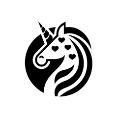 Stylized unicorn head with hearts in a black circle on transparent background