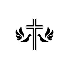 Christian cross with two doves on either side design on transparent background