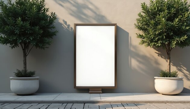 Blank vertical billboard frame on outdoor wall with potted trees. Use this mockup for ads, graphic design, city light promotions, and modern urban marketing displays. Add your content here.