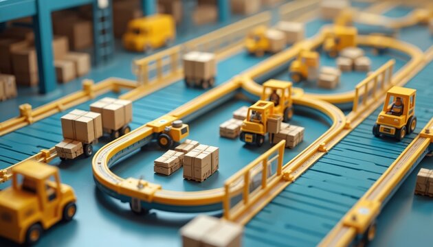 Automated miniature warehouse logistic system with tiny trucks moving boxes on yellow conveyor belts. Automated sorting and delivery process inside modern distribution center.
