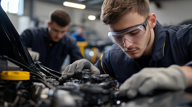 Focused car mechanic expertly repairs engine in a garage setting, wearing safety glasses and gloves for protection. Other mechanics work in the background.