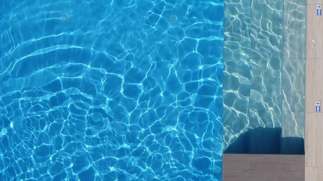 Aerial top down view of a rectangular pool with deep blue basin left, tiled steps and wood deck right, floor drains and 0.60m markers visible, bright midday light