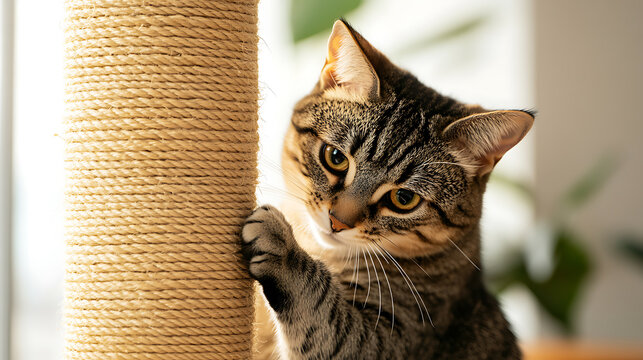 A tabby cat with striking stripes sharpens its claws with a scratching post. A playful and healthy habit. Keeping claws trim and furniture safe in a cozy home setting.