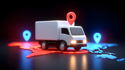 Truck crossing a world map connecting global logistics network