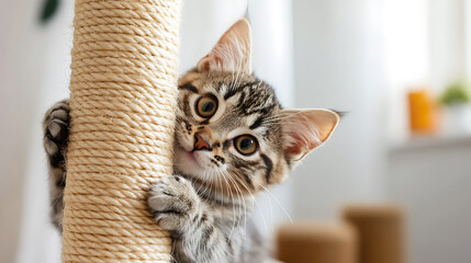 Playful kitten, exploring scratching post with wide, curious eyes. Claws gripping, soft fur, cute whiskers. A delightful moment of feline curiosity in a cozy home.