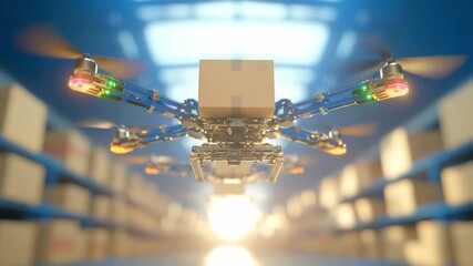 Drone Delivery Innovation: A cutting-edge drone, with its propellers whirring, effortlessly carries a cardboard box through the high-tech warehouse, illuminated by a futuristic glow. - Powered by Adobe