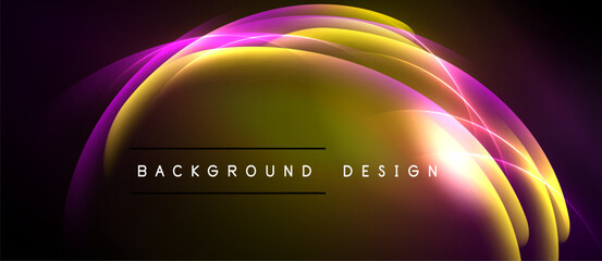 Abstract design features vibrant curves, glowing light effects. Background is dark, creating dramatic contrast. Text reads background design.