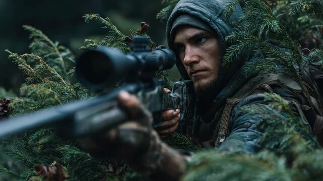 Sniper aiming at hidden prey in dense forest during twilight hours using precision marksman skills
