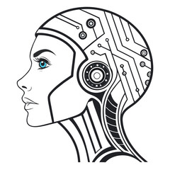Profile of a futuristic female cyborg head with blue eyes and circuit board details