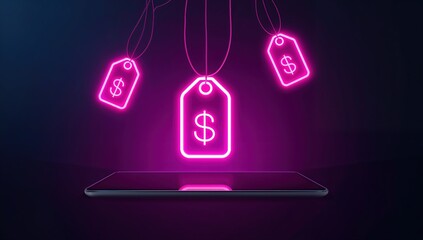 Neon dollar sign price tags illuminate a smartphone, symbolizing digital commerce and online shopping opportunities