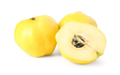 Whole and cut ripe quince fruits isolated on white