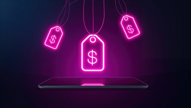 Neon dollar sign price tags illuminate a smartphone, symbolizing digital commerce and online shopping opportunities