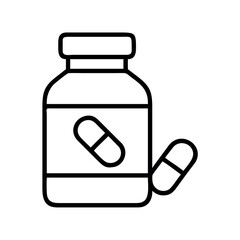 Simple line art icon of a medicine bottle with pills and a single capsule