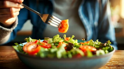 Close up of a woman eating a fresh salad with tomatoes and lettuce.