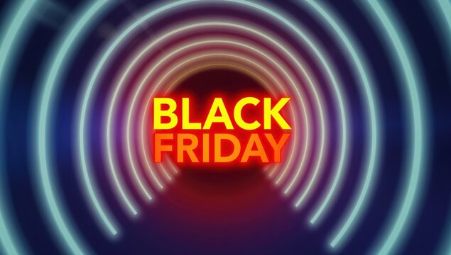 Experience the electrifying energy of Black Friday sales with dynamic neon lights and vibrant promotional graphics