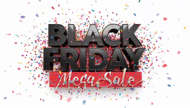 Explosive Black Friday Mega Sale announcement with vibrant confetti and bold 3D lettering creates excitement for ultimate shopping deals