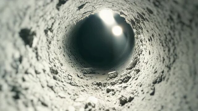 Deep cylindrical tunnel drilled into rocky surface with glowing light at the end, geological borehole concept with rough stone texture