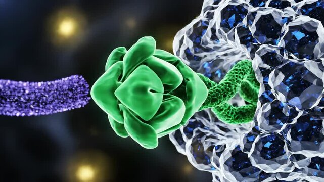 Cinematic macro 3D animation of an mRNA strand threading through a ribosome to build a self-folding protein chain.