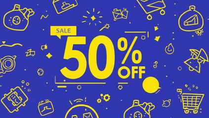 Grab incredible savings with a vibrant 50% off sale banner featuring playful hand drawn icons and a bold announcement
