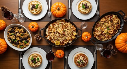 Thanksgiving feast overhead view with autumnal pumpkins and gourmet dishes
