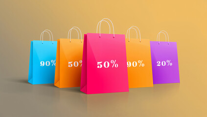 Vibrant shopping bags display attractive percentage discounts, enticing customers with spectacular sale opportunities