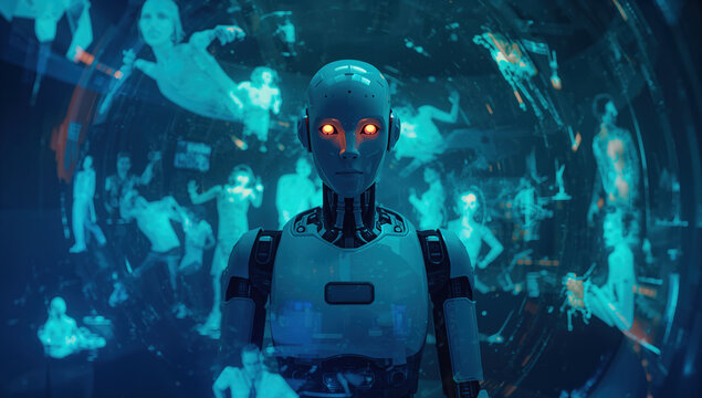 Futuristic android with glowing eyes surveys a digital world filled with human silhouettes, symbolizing AI and future technology.