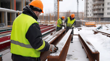 Workers in PPE handle steel beams on a snowy construction site, with scaffolding and buildings visible in the background, showing winter construction activity.