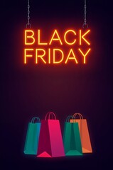 Vibrant neon Black Friday sign illuminates colorful shopping bags, promising incredible deals and retail excitement
