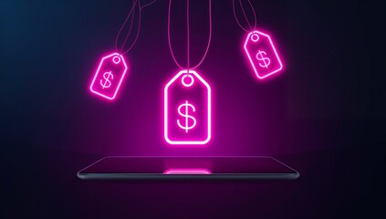 Vibrant neon dollar sign tags float above a sleek smartphone, symbolizing digital commerce and online shopping deals.